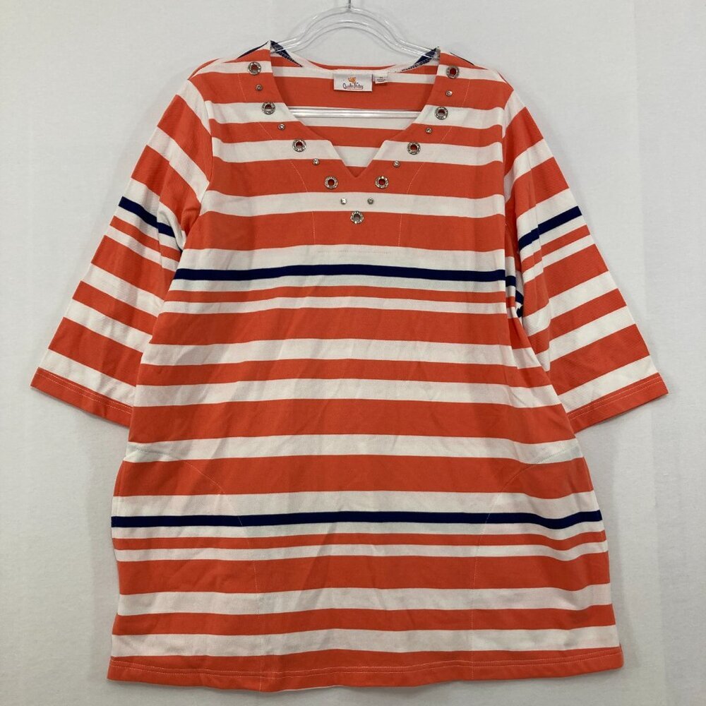 Quacker Factory size 1X Embellished Split Neck Orange Striped Cotton Stretch Top